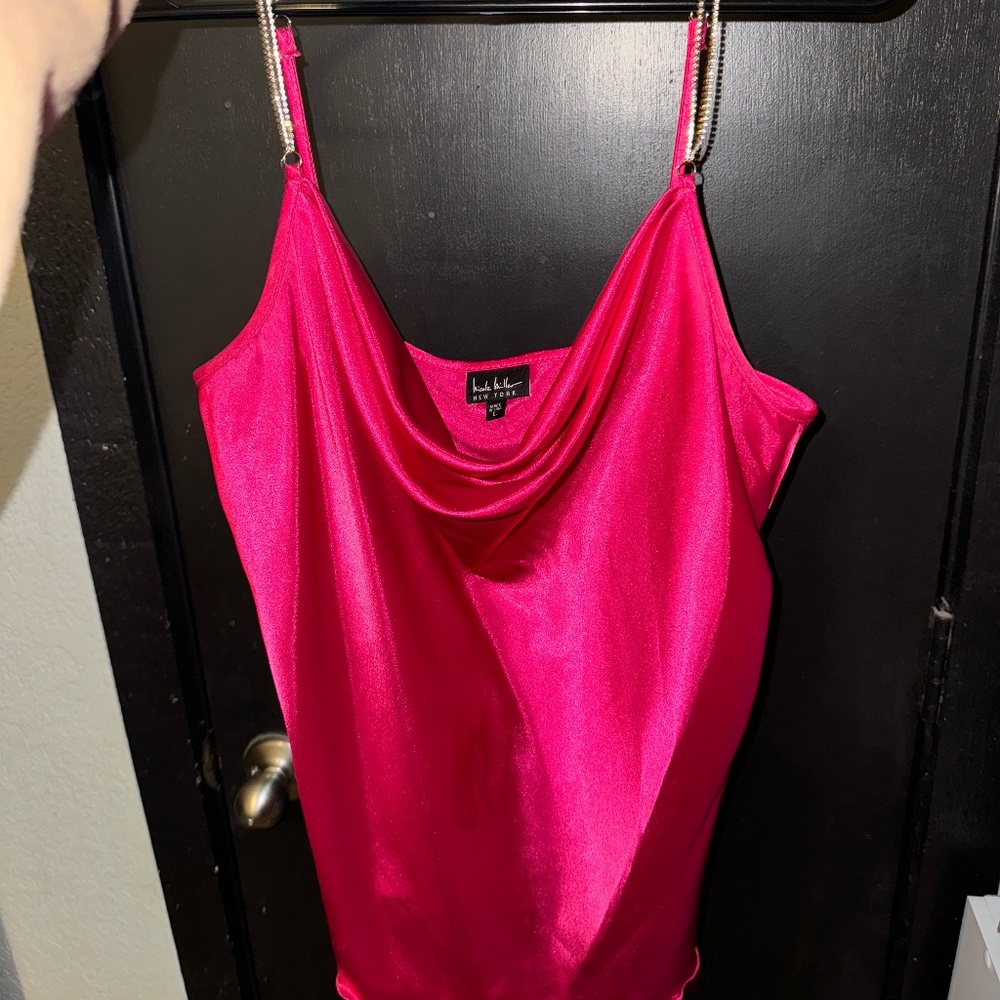 Draped Collar Hot Pink Shirt With Diamond Straps